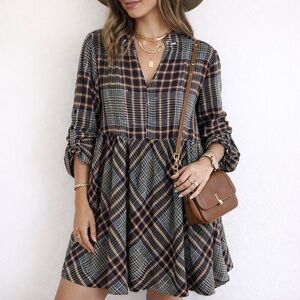 MTS Brown and Navy Plaid Midi Dress